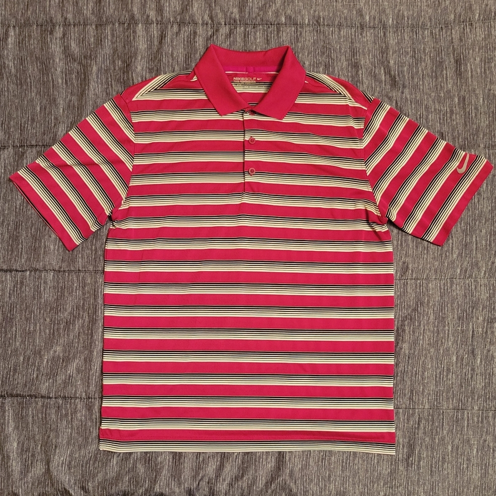 NIKE Tour Performance Golf Shirt, Medium, Berry Pink with Black & White Stripes